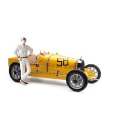 Bugatti Type 35 Grand Prix, Yellow Livery with a Female Racer Figurine (M-100 B-017)